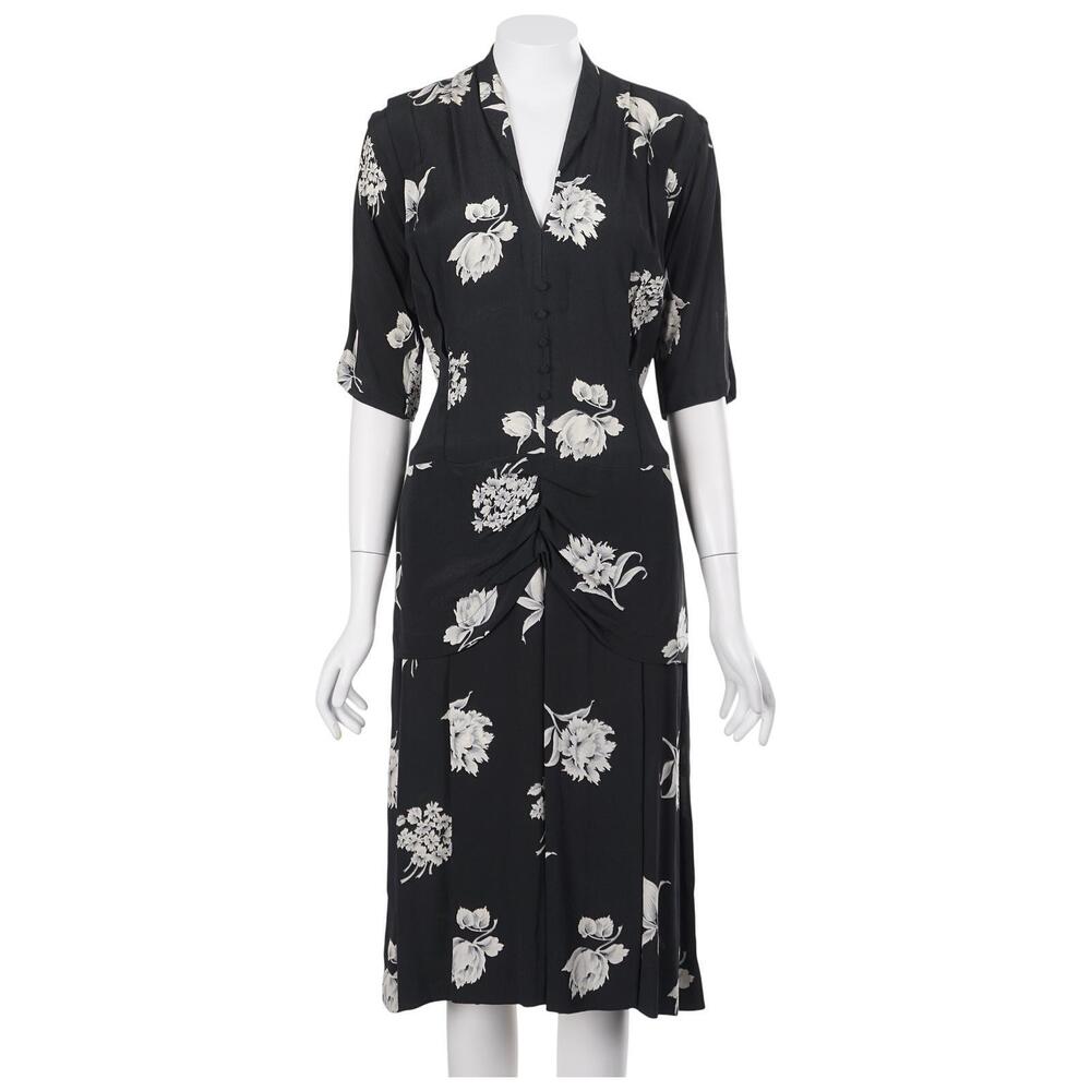 Paula & Mopitz Ibiza Vintage Dress M Black Floral Short Sleeve Shift Tie-Back